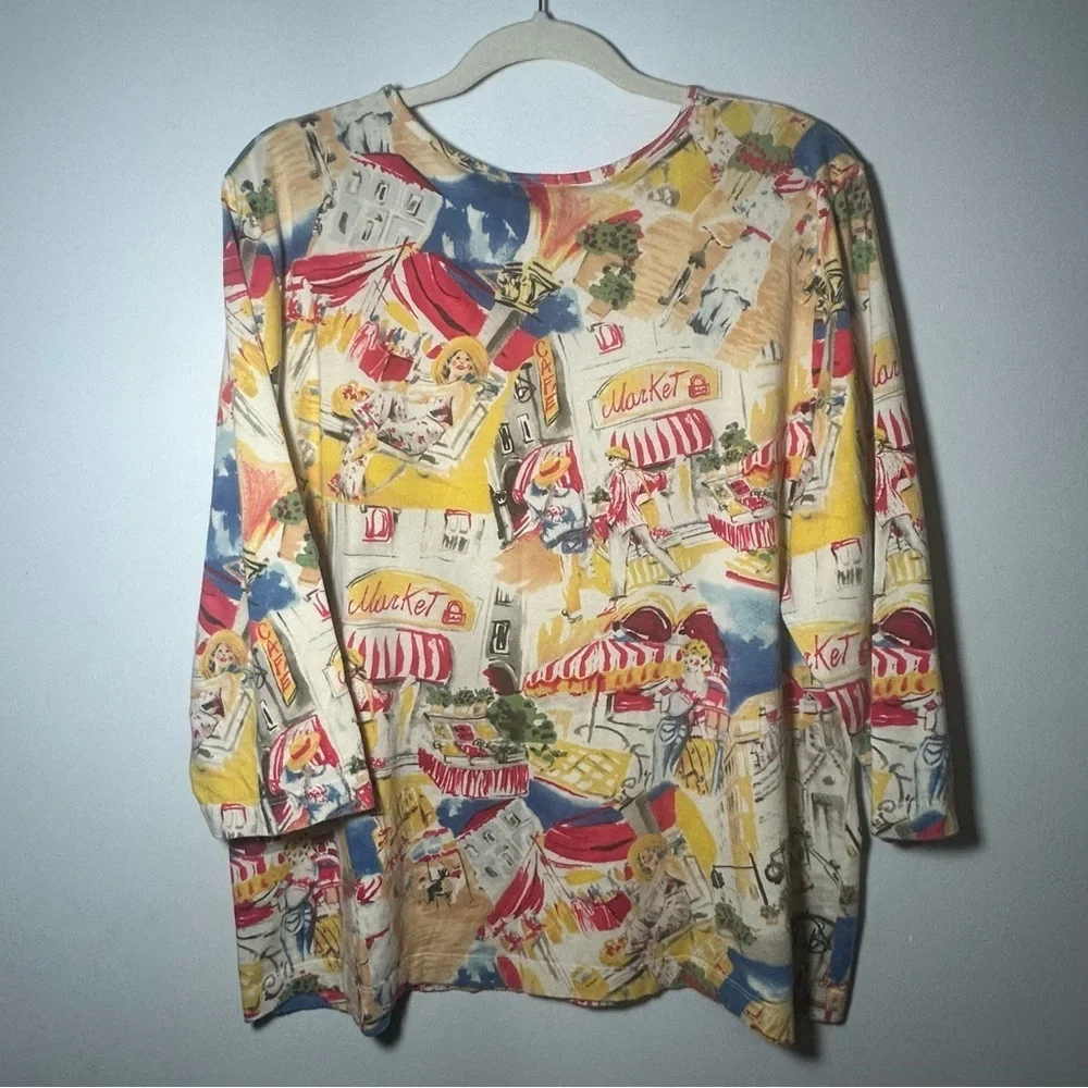 Liz Claiborne Colorful Market Novelty Print Top V Neck Festive
